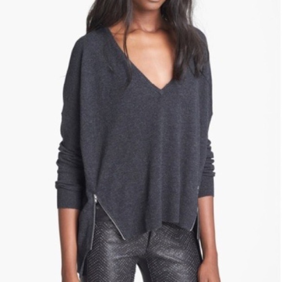 Autumn Cashmere Gray 100% Cashmere V Neck Side Double Zipper Sweater EUC Size S - Picture 1 of 12